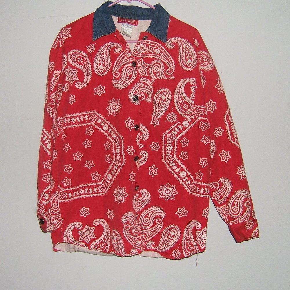 Ivy Wear Vintage 70 Red White Denim Western Horseshoe Buttons 100% Cotton Small.